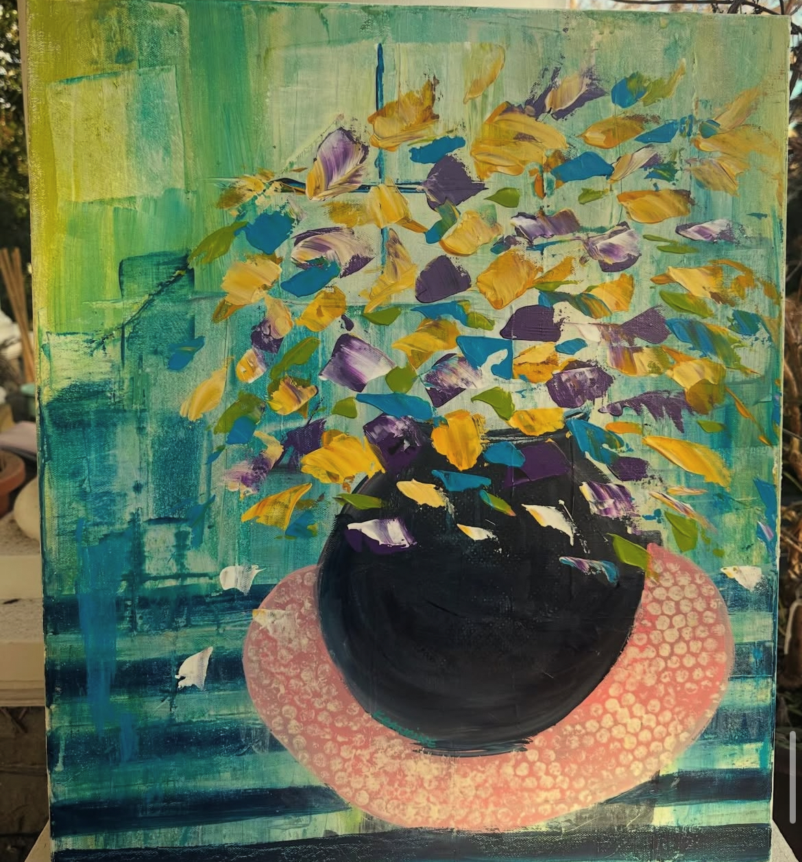 A Vase on a Pink Table, 16 x 20 acrylic on canvas